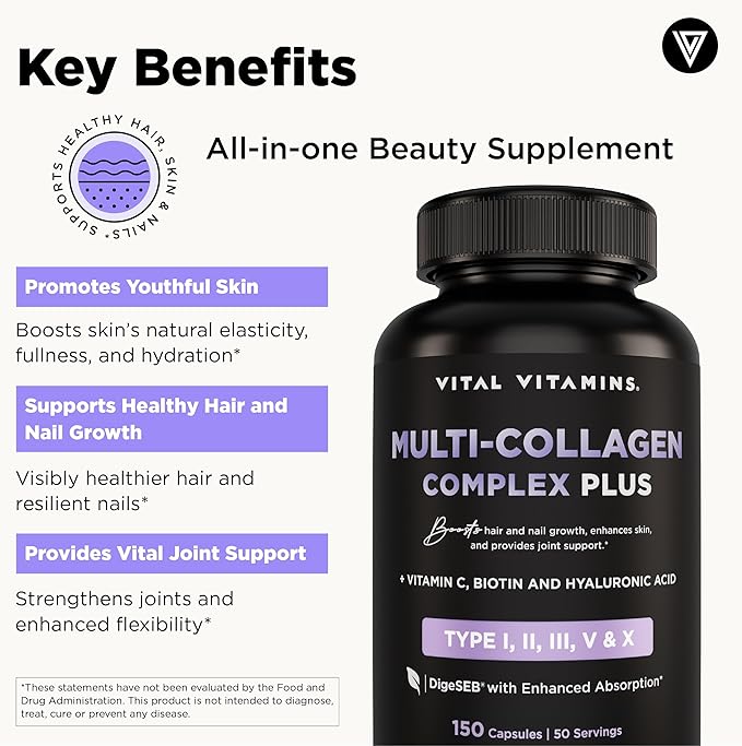 Vital Vitamins Multi Collagen Complex Plus - with Biotin, Hyaluronic Acid, Vitamin C - Type I, II, III, V, X - for Women & Men - Hair, Skin, Nails Beauty Complex - 150 Capsules