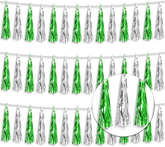 3P Metallic Fringe Tassel Banner Garland Foil Tinsel Streamer Wall Hanging Curtain Backdrop Banner for Parade Floats, Graduation Decorations, Father's Day Party Decoration(Green Silver)
