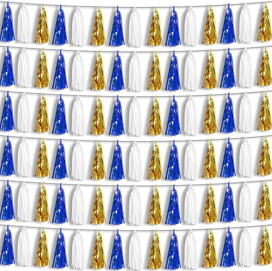 6P Navy-Blue White-Gold Foil Fringe Metallic Tassel-Garland, Tassels Banner Streamers for Parade Floats, Bachelorette, Wedding, Birthday, Graduation, Christmas, Bridal/Baby Shower Party Decorations