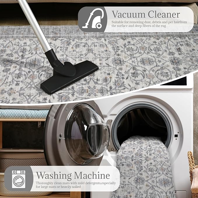 Washable Area Rugs 5'x7' Non-Slip Vintage Boho Distressed Fade Resistant Low Pile Carpet for High-Traffic Living Room, Bedroom & Dining Room