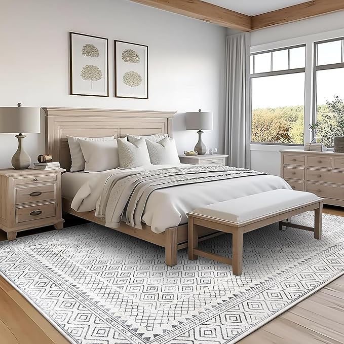 ReaLife Rugs Machine Washable Area Rug - Living Room Bedroom Bathroom Kitchen Entryway Office - Padded Low Pile Stain Resistant Premium - Boho Farmhouse Vintage - Aria - Ivory 5' x 7'