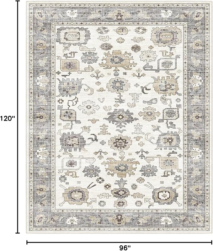 8x10 Washable Vintage Area Rug - Bedroom, Dining Room and Home Office - Distressed Oriental Reto Indoor Floor Carpet Rug(Cream Grey, 8x10)