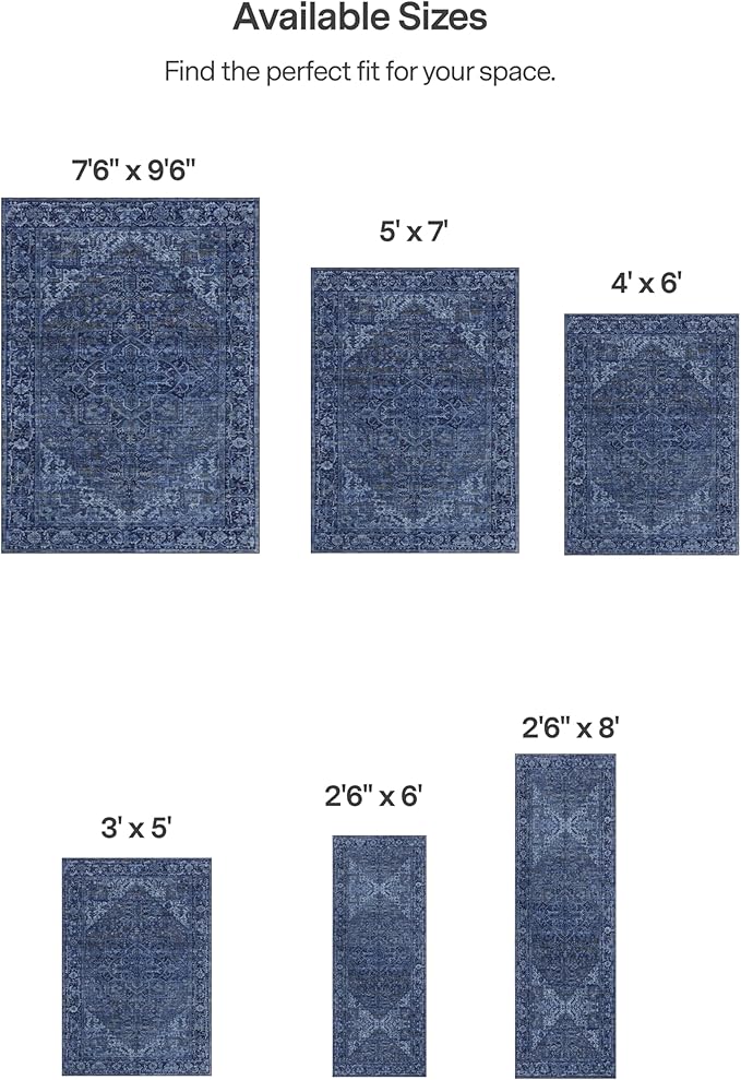 ReaLife Rugs Machine Washable Area Rug Runner - Living Room Bedroom Bathroom Kitchen Entryway Office - Padded Low Pile Stain Resistant Premium - Boho Vintage Traditional - Lyle - Blue 3' x 5'