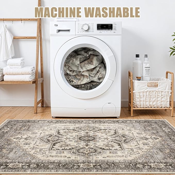 Area Rug for Living Room - 8x10 Soft Machine Washable Oriental Vintage Floral Distressed Large Indoor Floor Carpet for Bedroom Under Dining Table Home Office Decor - Grey Brown