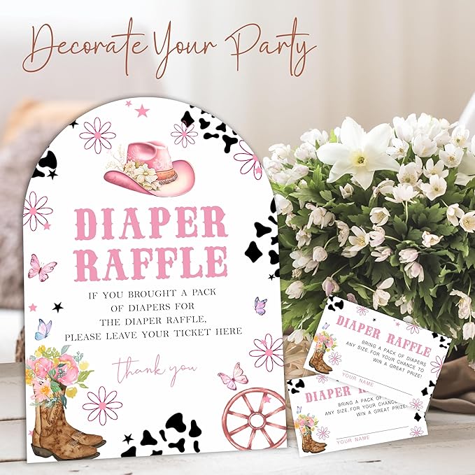 Pink Cowboy Baby Shower Decor, Diaper Raffle Game Kit with Stand - 7x10 Inch Sign & 50 Tickets, Floral Boot Hat Butterfly Print, Western Theme Gender Neutral Party Supplies (B06)