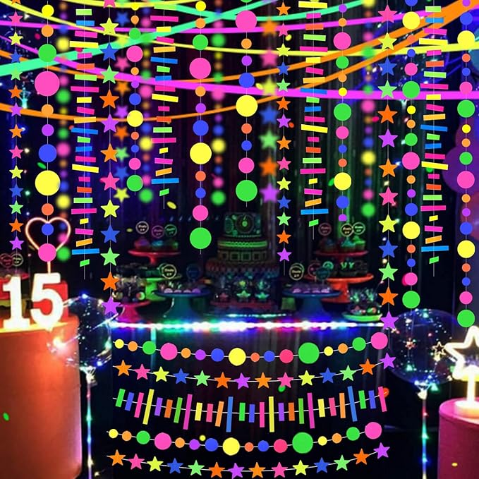 120feet UV Round Dot Paper Neon Garland Neon Streamers Decorations UV Reactive Black Light Party Favors Glow in The Dark Party Supplies for Wedding Birthday Garlands