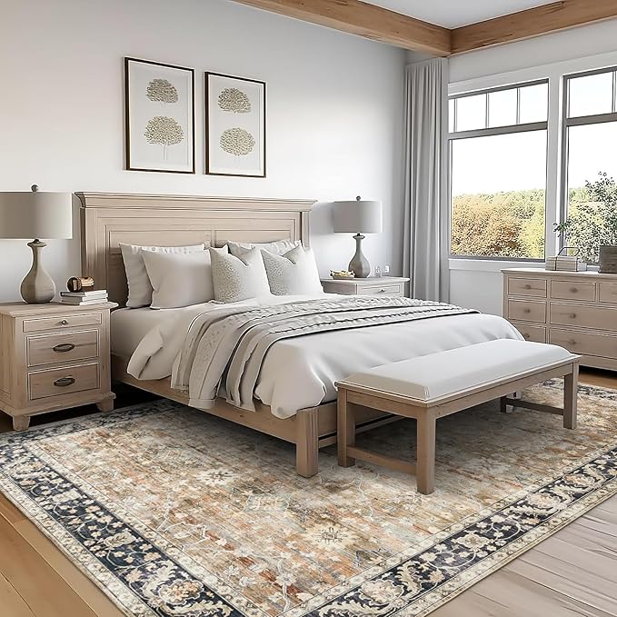 ReaLife Rugs Machine Washable Area Rug - Living Room Bedroom Bathroom Kitchen Entryway Office - Padded Low Pile Stain Resistant Premium - Boho Farmhouse Vintage - BEV - Beige Tan Brown 5' x 7'