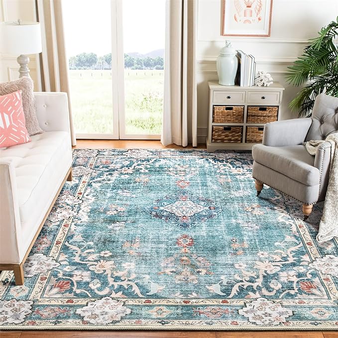 MUJOO Teal Rug 6'x9' Area Rugs for Living Room Washable Rugs Large Boho Carpet for Bedroom Dining Room Neutral Vintage Farmhouse Abstract Non Slip Soft Floral Blue Flowers Colorful