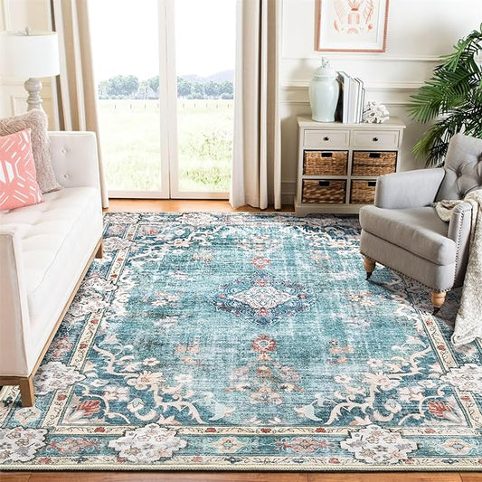 MUJOO Teal Rug 6'x9' Area Rugs for Living Room Washable Rugs Large Boho Carpet for Bedroom Dining Room Neutral Vintage Farmhouse Abstract Non Slip Soft Floral Blue Flowers Colorful
