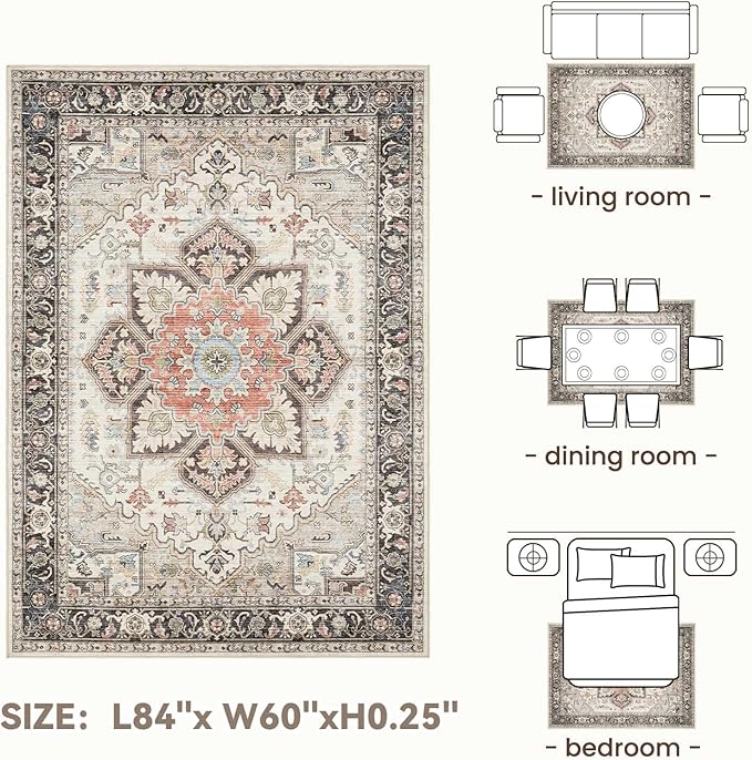Area Rug for Living Room - 5x7 Soft Machine Washable Oriental Vintage Floral Distressed Large Indoor Floor Carpet for Bedroom Under Dining Table Home Office Decor - Multi Cream