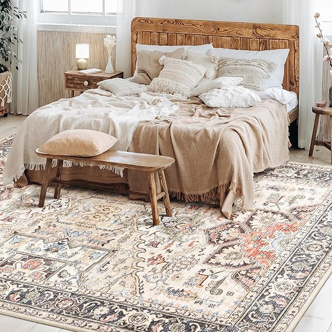 Area Rug 5x7 for Living Room - Washable Oriental Vintage Floral Distressed Large Indoor Carpets with Non Slip Back for Bedroom Dining Room Nursery Office Home Decor -Multi