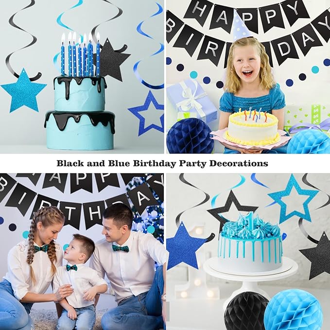 meowtastic Birthday Decorations, Happy Birthday Banner with Honeycomb Ball, Stars Hanging Swirl Streamer, Circle Dots Garland, Happy Birthday Party Decorations for Women Men Boys Girls (Black & Blue)