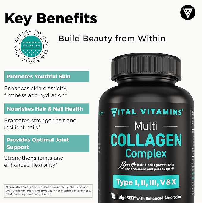 Vital Vitamins Multi Collagen Pills for Women & Men (2-Pack) - Hydrolyzed Collagen Peptides - Type I, II, III, V, X - Grass Fed, Non-GMO