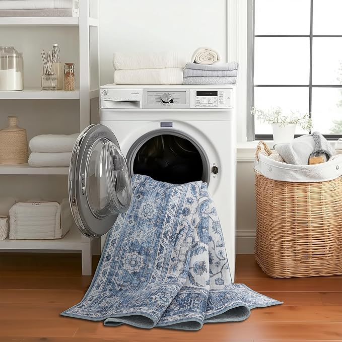 ReaLife Rugs Machine Washable Area Rug Runner - Living Room Bedroom Bathroom Kitchen Entryway Office - Padded Low Pile Stain Resistant Premium - Boho Farmhouse Vintage - Joy - Blue Ivory 2'6" x 8'