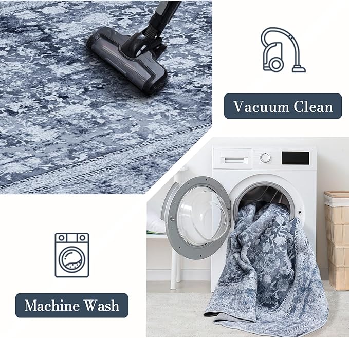 Area Rug 3×5, Vintage Boho Rug,Ultra-Soft Low Pile, Washable, Non Slip,Stain Resistant Printed Carpet for Living Room Bedrooms Playroom Office Kitchen, Solid/Blue