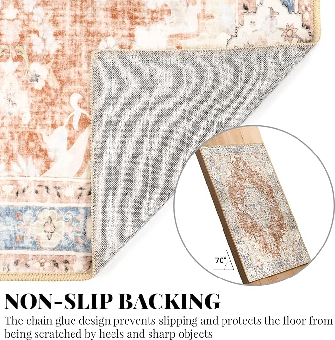 MUJOO Hallway Runner Rug Machine Washable 2'x6 ' Non Slip Boho Runner Rugs for Hallways Entryway Kitchen Bathroom Bedside Retro Soft Low-Pile Orange Navy Blue Flowers