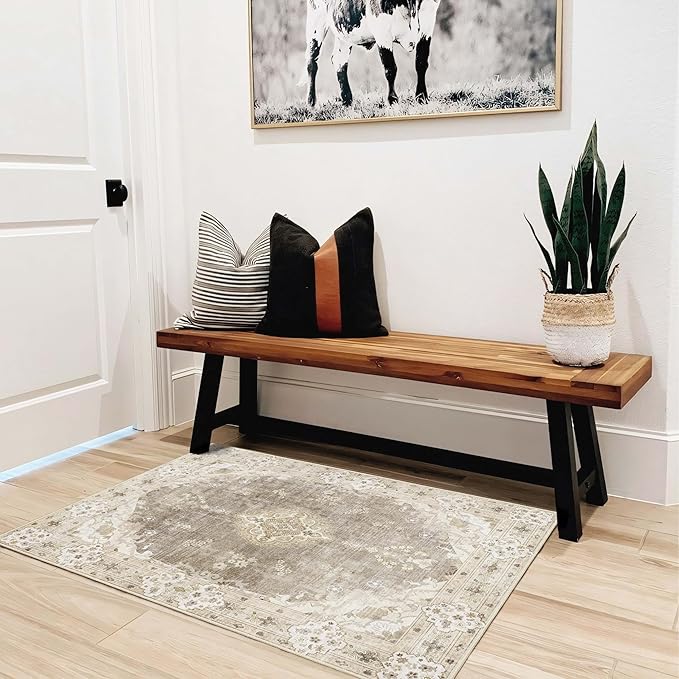 MUJOO Beige Rug 2'x3',Small Washable Area Rugs for Entryway Kitchen Bathroom Bedroom,Boho Vintage Bohemian Distressed Farmhouse Non Slip Carpet, Floral