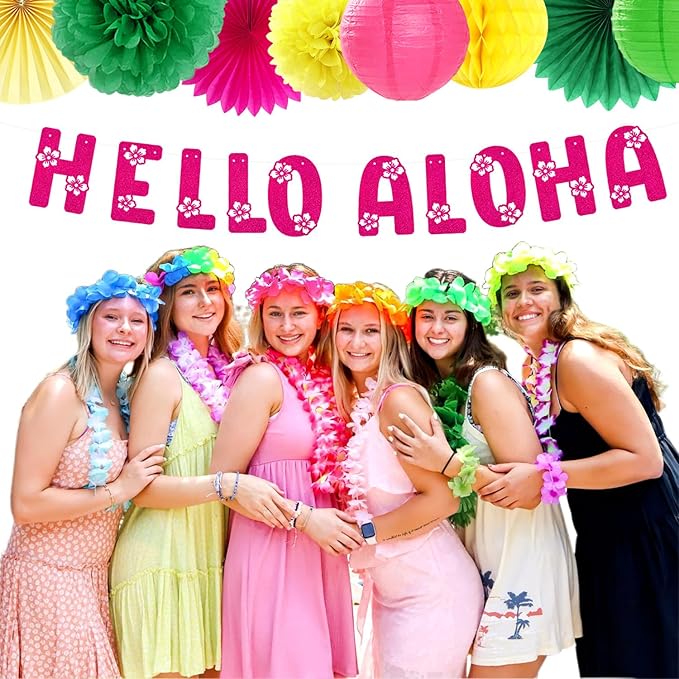 Hawaiian Aloha-Luau Flamingo Party-Decorations Supplies - 21pcs Hello Banner,Pool Paper Lanterns Honeycomb,Beach Theme Streamers Garland,Tissue Pom Poms Flowers Fan,Tropical Summer Tiki Decor Burgleda