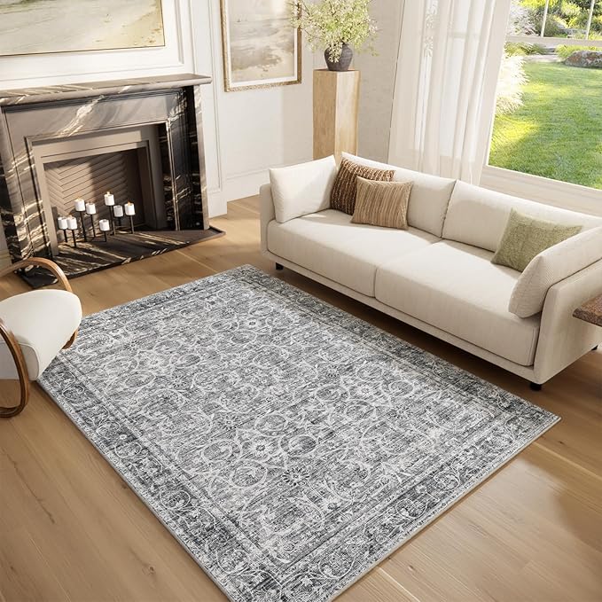 Washable Area Rugs 5'x7' Non-Slip Vintage Boho Distressed Fade Resistant Low Pile Carpet for High-Traffic Living Room, Bedroom & Dining Room