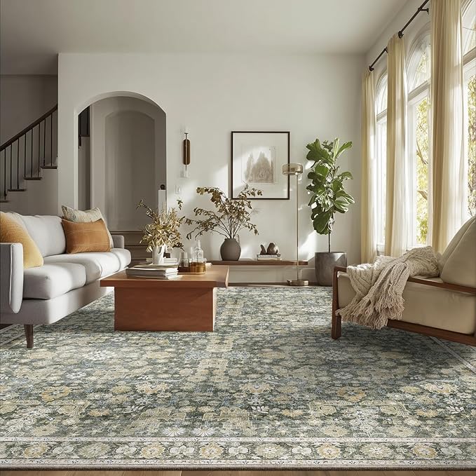 8x10 Washable Area Rugs Ultral Soft Non-Slip Stain Resistant Vintage Boho Large Carpet for High-Traffic Living Room & Dining Room