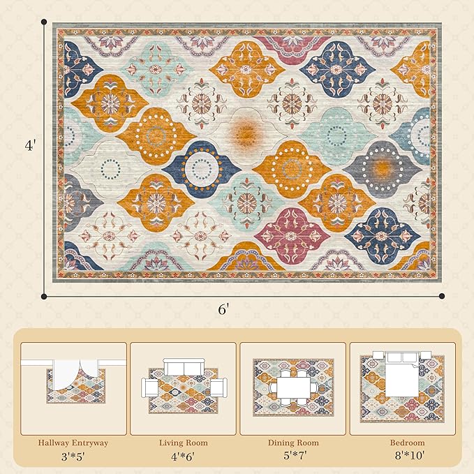 EnHomee Washable Area Rugs 4x6, Soft Area Rug for Living Room Bedroom, Boho Non Slip Low Pile Stain Resistant Washable Rug Large Carpet for Dining Room,Easy to Clean Living Room Rug, Colorful
