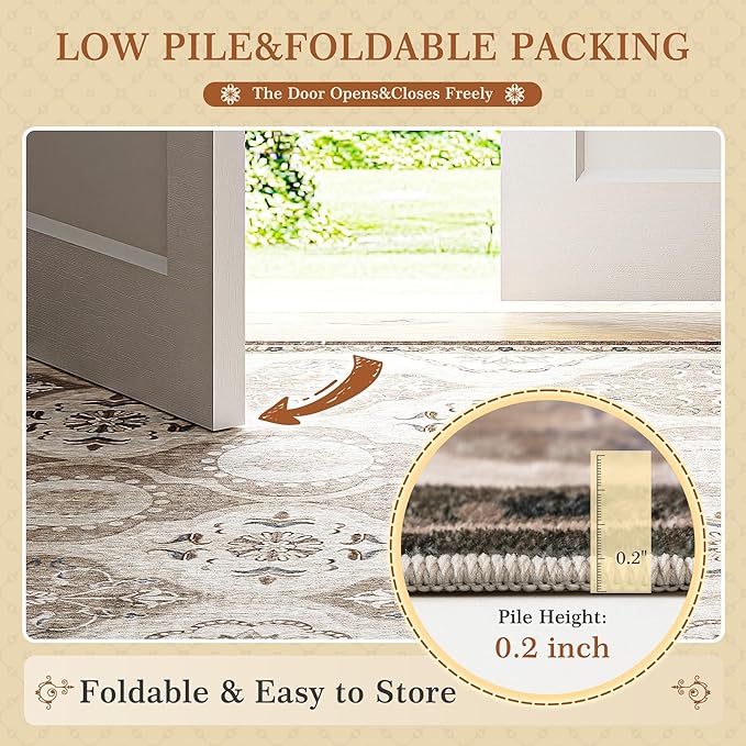 EnHomee 8x10 Area Rug, Soft Washable Rugs for Living Room Bedroom, Boho Non Slip Low Pile Stain Resistant Washable Rug Large Area Rugs for Dining Room,Easy to Clean Living Room Rug, Khaki