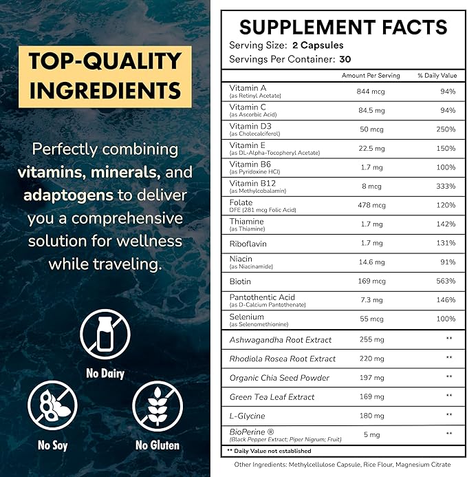 Travel Vitamin Supplement for Flight and Daily, Jet Lag, Energy, Immune, Digestion Support, Promote Calmness with Ashwagandha, Rhodiola, Chia & D3 for Better Sleep & Mood | Vegan, 60 Count