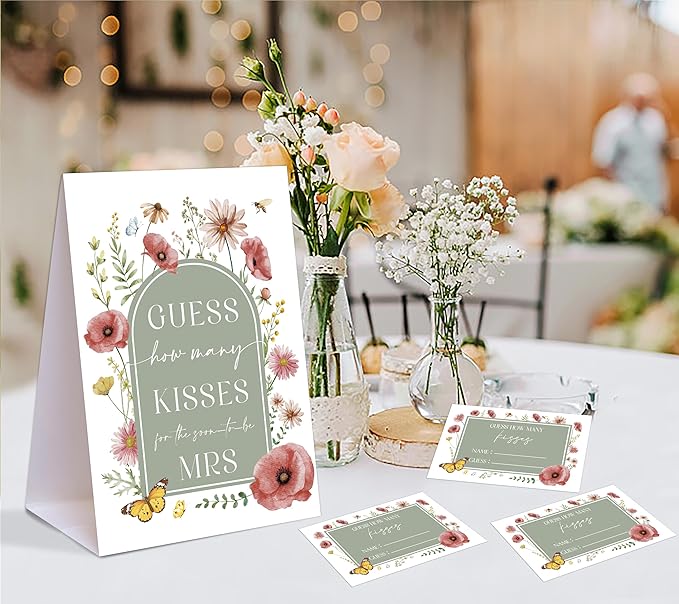 Sage Green Floral How Many Kisses for the Soon to Be Mrs, 1 Tabletop Sign and 50 Cards, How Many Kisses Bridal Shower Game for Bachelorette Night Wedding Event & Party Supplies