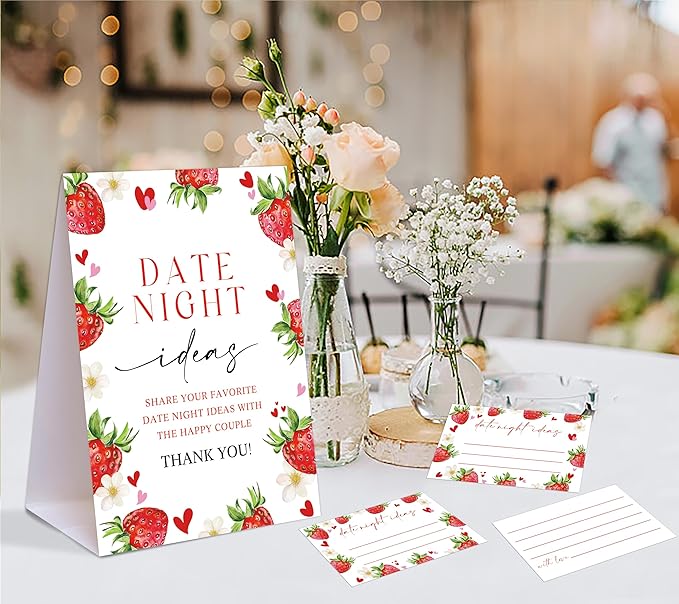Strawberry Themed Share Your Date Night Ideas Game, 1 Tabletop Sign and 50 Cards, Bridal Shower Games 50 Guests, Wedding Shower Games for Bachelorette Night Engagement Wedding Event & Party Supplies