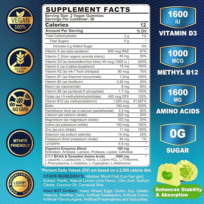 2 Pack Methylated Multivitamin for Men Gummies, BCAA Amino Acids, Zinc, Biotin, Vitamin A C E D3 K2 B Complex Calcium, Magnesium, Lycopene, Digestive Enzymes - Energy Muscle Immune - Sugar Free, Vegan