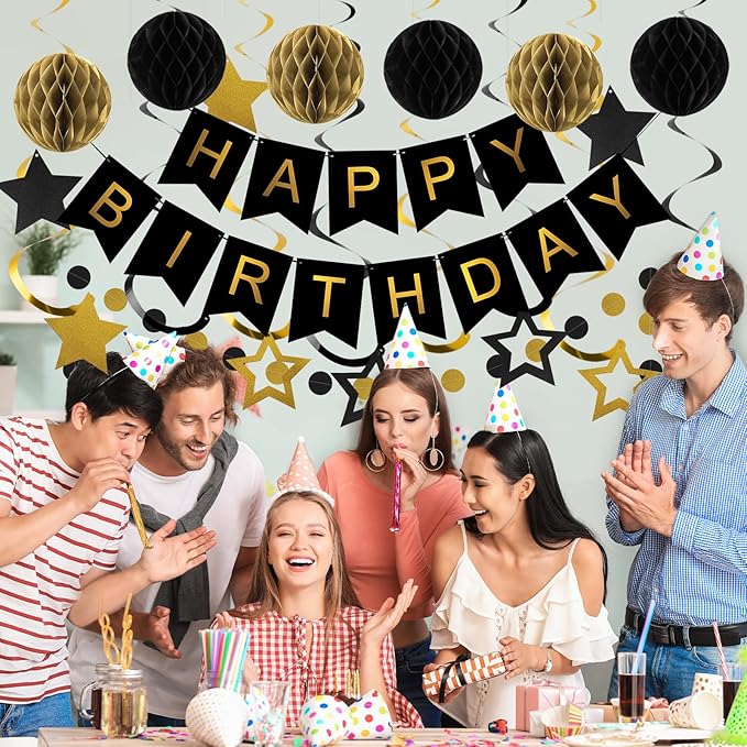 meowtastic Birthday Decorations, Happy Birthday Banner with Honeycomb Balls, Star Hanging Swirl Streamers, Circle Dot Garland, Happy Birthday Party Decorations for Women Men Boys Girls (Black & Gold)