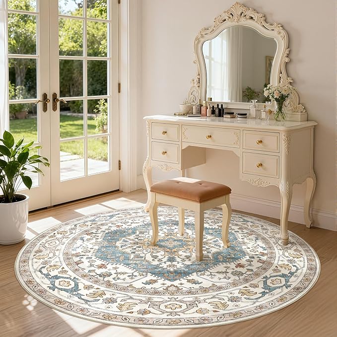 Area Rug for Living Room - 5x5 Soft Washable Oriental Vintage Floral Distressed Large Carpet - Fade Stain Resistant Non Slip Rugs for Bedroom Dining Room Nursery Dorm Office Home Decor - Blue/Beige