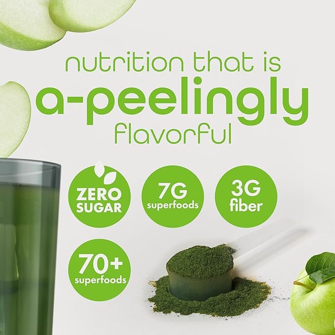 Zena Nutrition Organic Super Greens Powder, 70+ Superfoods, 0 Sugar, 3G Fiber, Spirulina, Chlorella, Antioxidants, Prebiotics/Probiotics, Digestive Enzymes, Green Apple, 30 Servings