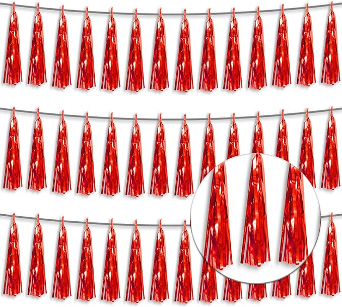 3P Metallic Fringe Tassel Banner Garland Foil Tinsel Streamer Wall Hanging Curtain Backdrop Banner for Parade Floats,Graduation Decorations, Wedding Party Decoration(Red)