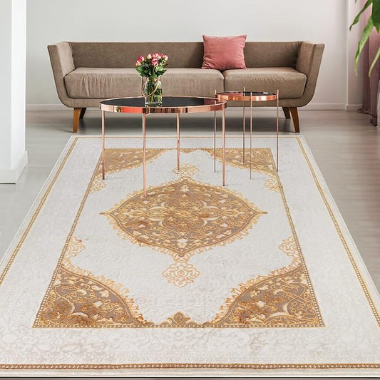 Antep Rugs Babil Gold 4x6 Oriental Bordered High Low Textured Traditional Indoor Area Rug, Beige Gold, 3'11" x 6'