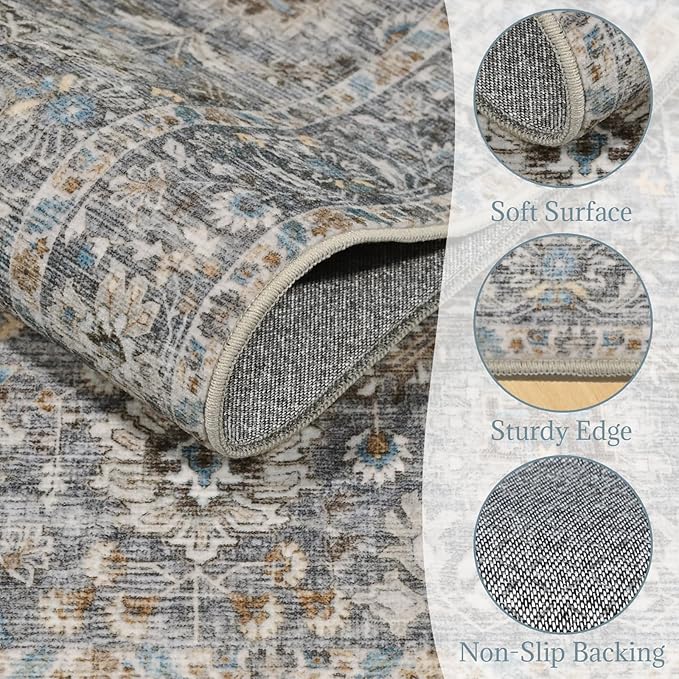 2'x6' Washable Runner Rug Utral Soft Lightweight Vintage Boho Distressed Non-Slip Backing,Low Pile Stain Resistant Farmhouse Rug for High-Traffic Hallway, Kitchen & Laundry