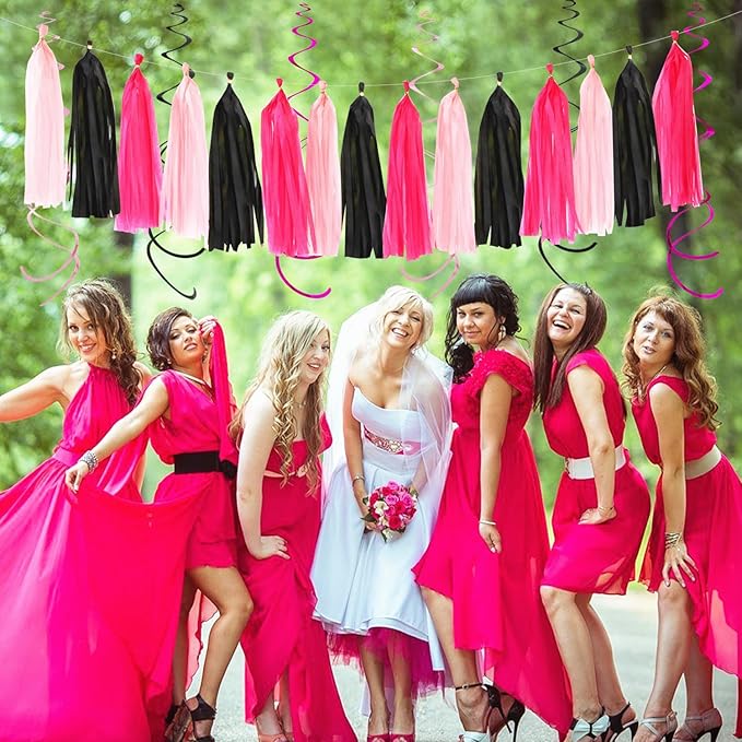 Hot-Pink Black Party-Decorations - 33pcs Baby Girl Women Birthday Banner,Streamers Tassel Garland,Birthday Tissue Pom Poms Honeycomb,Paper Lantern Fans,Wedding Bachelorette Graduation Decor Hugtmr