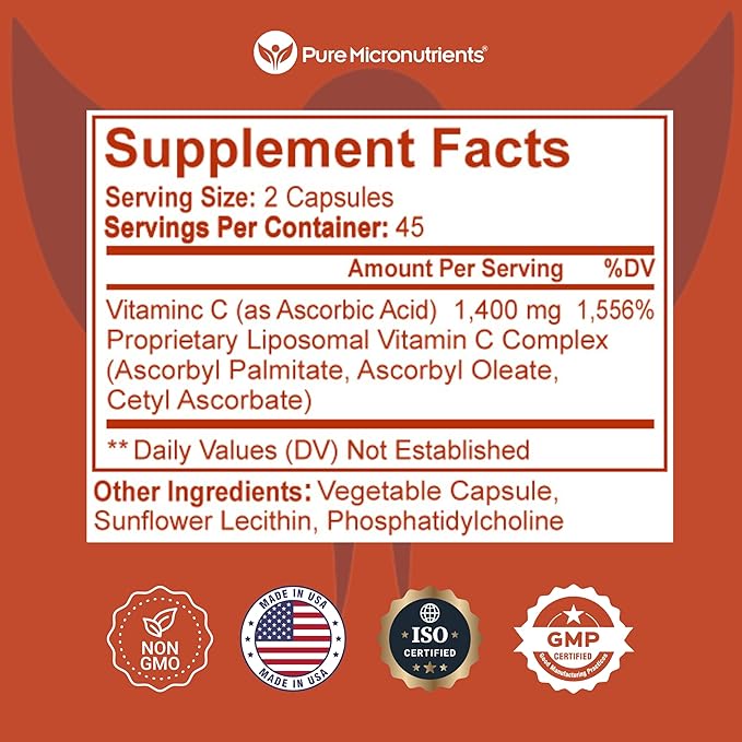 Pure Micronutrients Pure Liposomal Vitamin C - 1400mg Per Serve Supplement - 90 Capsules - High Absorption VIT C Ascorbic Acid Pills