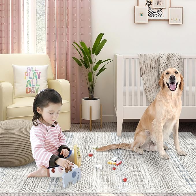 8'x10' Machine Washable Vintage Design Area Rug - Non Slip, Stain Resistant for Home, Office, Machine Washable Area Rugs 8x10, Area Rugs for Living Room (Grey Blue Cream 8x10)…