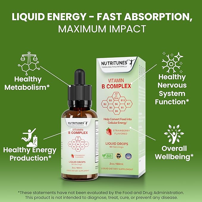Liquid Vitamin B Complex–High-Potency and Complete B-Vitamin Drops for Energy, Metabolism, and Nervous System Support – Strawberry Flavored, Non-GMO, Sugar-Free – 60 Servings (2oz)