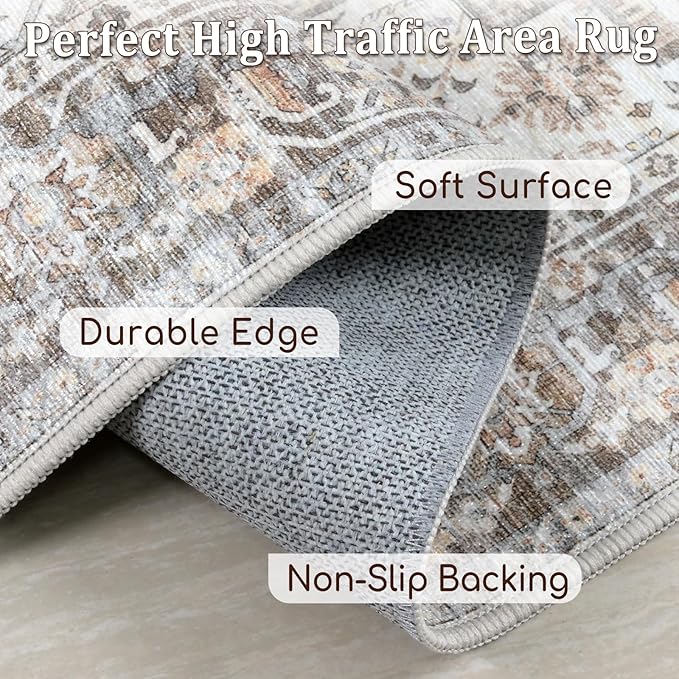 Area Rug 5x7 Rugs for Living Room, Area Rugs Washable Rugs, Vintage Rug for Bedroom Dinning Room, Home Decor Living Room Area Rugs (Brown Beige 5X7)