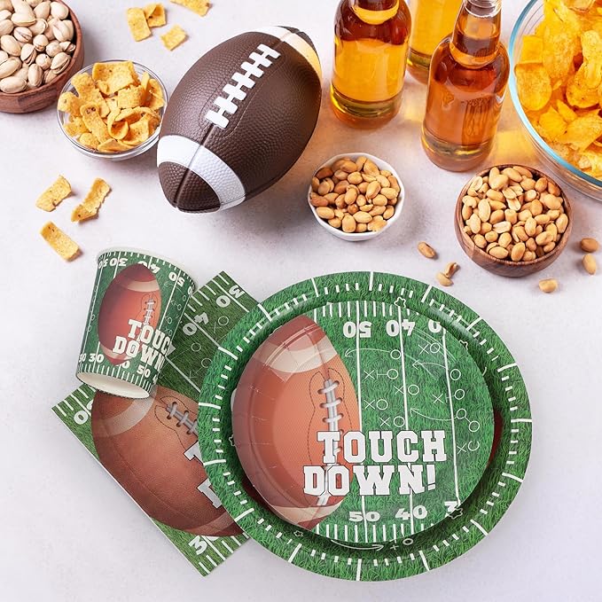 96pcs Football Paper Plates and Napkins Cups Rugby Field Theme Disposable Tableware Set for 24 Guest Kids Picnic Party Celebratory Banquet Table Supplies Decorations