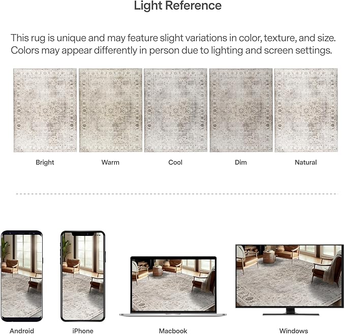 ReaLife Rugs Machine Washable Area Rug - Living Room Bedroom Bathroom Kitchen Entryway Office - Padded Low Pile Stain Resistant Premium - Boho Farmhouse Vintage - Joy - Beige Ivory 6' x 8'