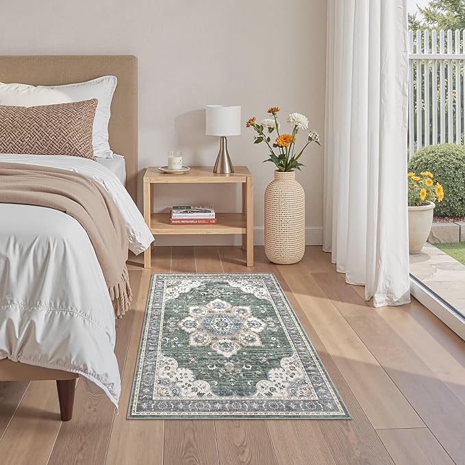 3x5 Washable Entryway Rug: Non-Slip Soft Vintage Floral Indoor Area Rug for Living Room Large Kitchen Entryway Bedroom Bedside, Door Mat Throw Carpet for Laundry Foyer Home Decor (Green)