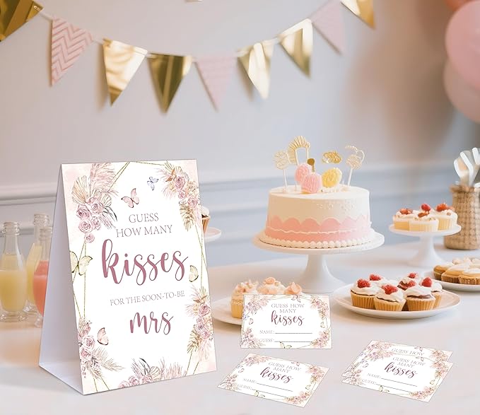 Boho Floral How Many Kisses for the Soon to Be Mrs, 1 Tabletop Sign and 50 Cards, How Many Kisses Bridal Shower Game for Bachelorette Night Wedding Event & Party Supplies