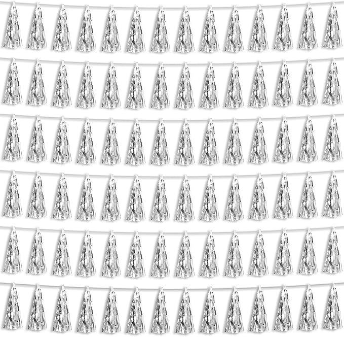 6P Silver Foil Fringe Metallic Tassel Streamers Banner Tassel Garland for Parade Floats, Bachelorette, Wedding, Birthday, Graduation, Christmas, Bridal/Baby Shower Party Decorations