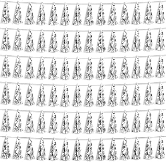 6P Silver Foil Fringe Metallic Tassel Streamers Banner Tassel Garland for Parade Floats, Bachelorette, Wedding, Birthday, Graduation, Christmas, Bridal/Baby Shower Party Decorations