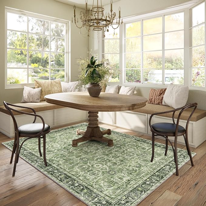 Washable Area Rugs 5'x7' Non-Slip Vintage Boho Distressed Fade Resistant Low Pile Carpet for High-Traffic Living Room, Bedroom & Dining Room