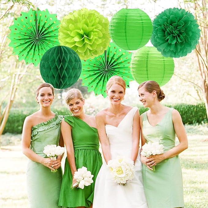 Green Party Decorations Streamers Lanterns - 14pcs St Patricks Day Paper Lanterns Fan,Tissue Pom Poms,Honeycomb Spring Summer Birthday Wedding Engagement Baby Shower Decor Ouruola