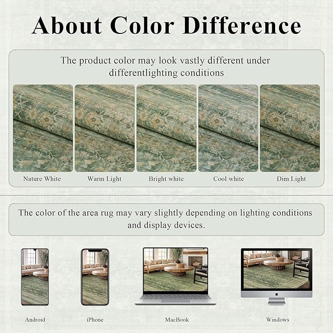 HelloTree Washable Rugs 9x12 Area Rug for Living Room, Vintage Boho Green Rug Non Slip Carpet Retro Accent Indoor Mat Print Distressed Low Pile Throw Large Rug for Office Dining Room Bedside-Green